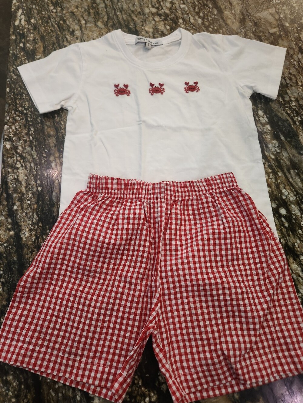 Sweet Dreams White Tee with Red Crab Embroidered & Red Gingham Shorts Pajama Set